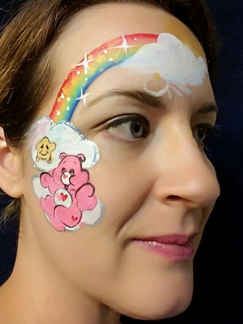 Loves a lot bear Care Bears Face Paint, Care Bear Face Paint, Bear Costume Makeup, Polar Bear Makeup, Care Bear Makeup, Minimalist Halloween Costume, Care Bear Costume, Bear Face Paint, Care Bears Halloween