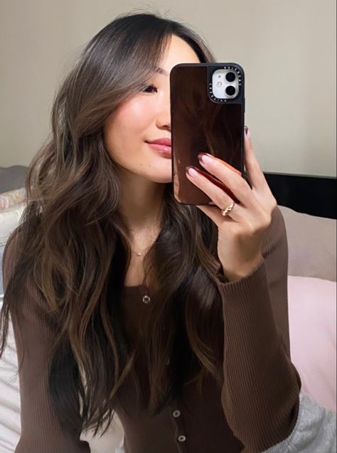 Natural Asian Hair Color, Chocolate Brown Hair On Asian, Fall Hair Asian, Asian Brunette Hair Dark Brown, Dark Hair Color Ideas Asian, Tan Asian Brown Hair, Latte Brown Balayage, Mocha Balayage On Black Hair, Asian Fall Hair Color