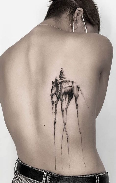 Surreal Animal Tattoo, Tattoos Inspired By Art History, Surreal Portrait Tattoo, Salvador Dali Elephant Tattoo, Dali Inspired Tattoo, Salvador Dali Tattoos, Surealism Tattoo Ideas, Tattoo For Artist, Salvador Dali Tattoo Ideas