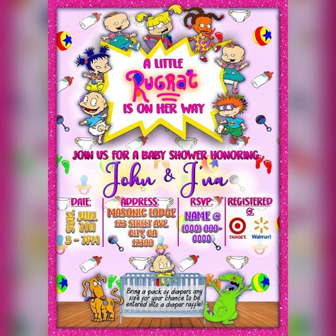 Rugrats Gender Reveal, July Baby Announcement, Gender Reveal Themes, Gender Reveal Ideas, Space Birthday Party, July Baby, Pink Baby Shower Invitations, Date And Time