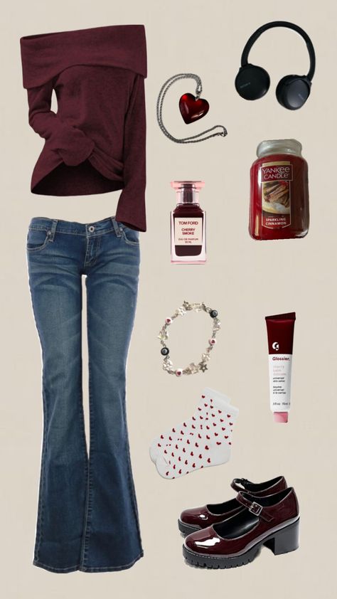 #darkred #winter #outfit #downtowngirl #glossier #tomford #cherryred #fall #comfy #drandy #schooloutfit Outfits Shuffle, American Eagle Outfits Fall, American Eagle Outfits, Girl Fits, Outfits Fall, School Outfit, Winter Outfit, School Outfits, Aesthetic Clothes