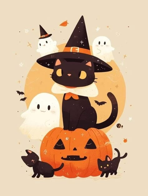 Halloween Pictures To Draw, Witch Cats, Halloween Infantil, Fall Drawings, Humans And Animals, Halloween Wallpaper Cute, Halloween Facts, Halloween Cats, Halloween Artwork