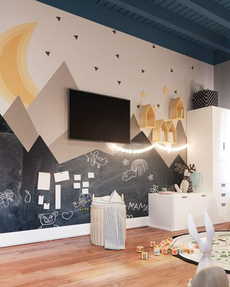 Chalk Wall Playroom, Chalkboard Wall Kids Room, Boy Playroom Ideas, Chalkboard Wall Playroom, Toddler Daycare Rooms, Kids Church Rooms, Creative Kids Rooms, Toddler Boy Room Decor, Kids Shared Bedroom