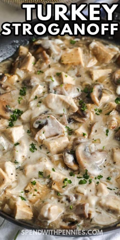 Turkey stroganoff is a creamy pasta dish made with ground or leftover meat in a savory mushroom garlic cream sauce. Usually served over egg noodles, this old-fashioned favorite is easy to make and great for weeknights. #spendwithpennies #turkeystroganoff #ground #recipe #healthy #easy #leftovers #instantpot #crockpot #mushroom Mushroom And Ground Turkey, Turkey Stroganoff Recipe Easy, Turkey Leg Leftover Recipes, Turkey Mushroom Recipes, Canned Turkey Recipes, Turkey And Mushroom Recipes, Ground Turkey And Mushroom Recipes, Turkey And Rice Recipes, Turkey Mushroom Soup