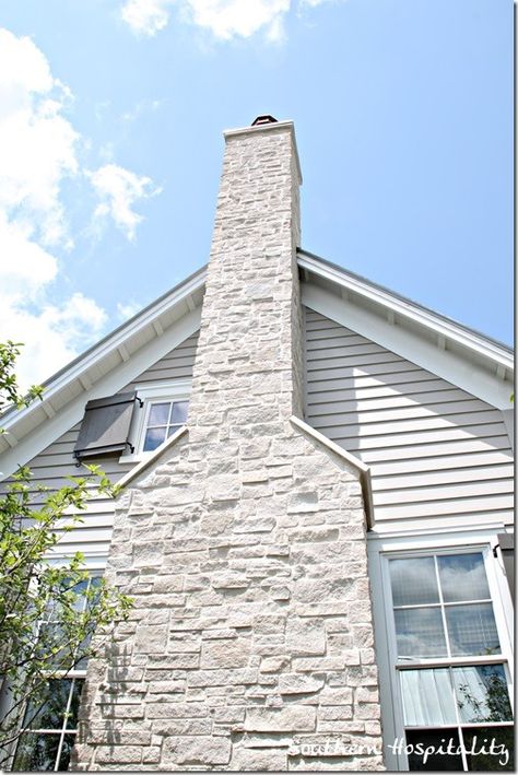 chimney Exterior Stone Chimney, Stone Veneer Chimney Exterior, Chimney Stone Ideas, Chimney In Front Of House Exterior, Addition Exterior, Stone Veneer Exterior, Chimney Decor, Southern Living Idea House, Cabin Remodel