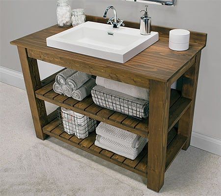 27 Homemade Bathroom Vanity/Cabinet Plans You Can DIY Easily Build A Bathroom Vanity, Diy Rustic Bathroom Vanity, Build A Bathroom, Diy Bathroom Vanity Plans, Diy Bathroom Sink, Rustic Bathroom Vanity, Vanity Diy, Open Bathroom, Farmhouse Bathroom Vanity