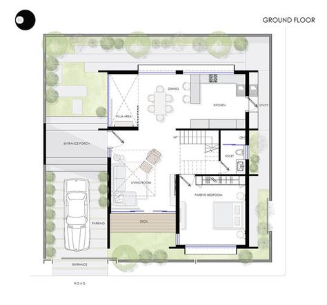 Square Plot House Plan, 30x40 House Plans With Courtyard, Square Villa Plan, Independent House Design, House Plan And Elevation, Modest House, Square House Plans, Side Elevation, Plot Plan