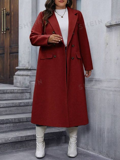 Burgundy - $24.41 - Size 16 2XL on SHEIN Coat Hijab Outfit, Plus Zise, Bilbo Baggins, Fall Layers, Red Coat, Red Wool, Hijab Outfit, Black Coat, Mid Length