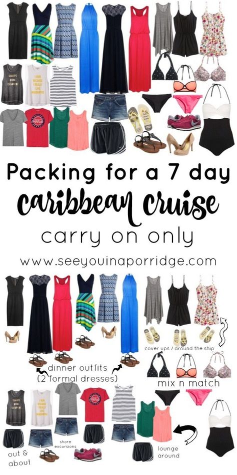 (Over) packing for a 7 day Caribbean cruise using just a carry on - this could be used for any beach or summer vacation though! Cruise Outfits Caribbean, Travel Outfit Spring, Cruise Attire, Carribean Cruise, Packing List For Cruise, Many Outfits, Bahamas Cruise, Packing For A Cruise, Chanel Cruise