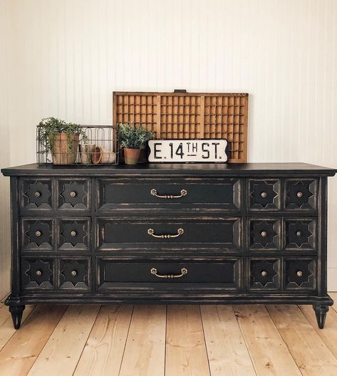 Black 9 drawer dresser 🖤 • • • • • • • • • •#mycozystyle #farmhousedecor #cottagestyle #cottagehome #washington #happinessishomemade… Boho Refinished Dresser, Distressed Dresser Diy Farmhouse, Distressed Black Dresser, Black Antique Dresser, Black Distressed Dresser, Modern Dark Academia, Mute Colors, Moody Victorian, Distressed Dresser