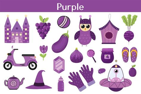 Purple Objects For Kids, Purple Objects, Learning Colors For Kids, Educational Background, Kids Worksheet, Colors For Kids, Purple Day, Purple Things, Brain Gym