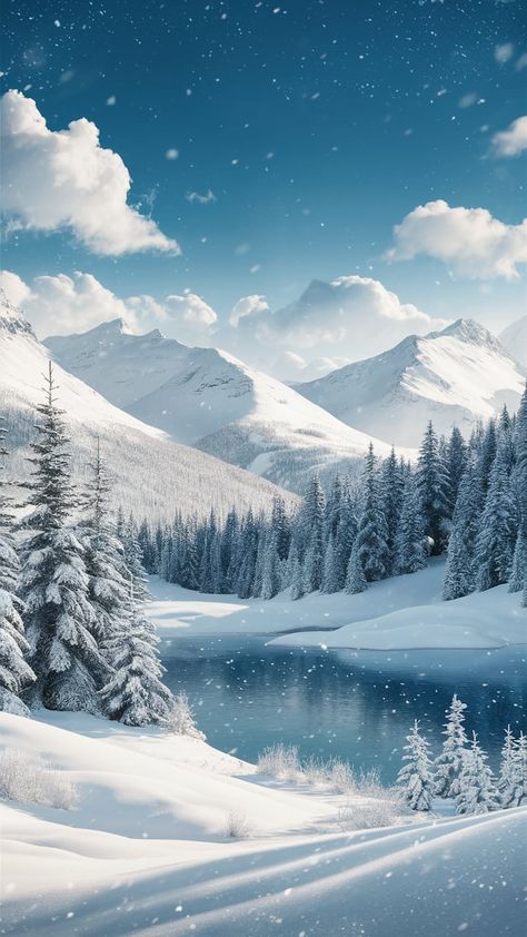 Immerse yourself in a serene winter landscape with glistening snow-capped mountains and a clear blue sky. This tranquil wallpaper features fluffy clouds, a majestic pine forest, and a sparkling frozen lake, all harmonizing to create a magical scene. Perfect for winter lovers, this stunning background brings calmness and beauty to your device. Ideal for seasonal decor, winter aesthetics, and nature enthusiasts. Ice Mountain Aesthetic, Snow Forest Wallpaper, Winter Phone Backgrounds Wallpapers, Blue Aesthetic Winter, Tranquil Wallpaper, Snowing Aesthetic Wallpaper, Winter Snow Aesthetic, Winter Clouds, Winter Wonderland Wallpaper