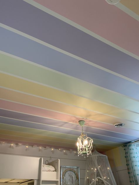 Rainbow Painted Ceiling, Pastel Ceiling, Stripes Wall Paint, Rainbow Ceiling, Princess Rooms, Sisters Bedroom, Food Room, Rainbow Walls, Sister Bedroom