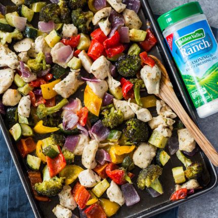 15 Minute Sheet Pan Garlic Ranch Chicken and Veggies | Ranch Chicken And Veggies, Garlic Ranch Chicken, Hidden Valley Ranch Seasoning, Week Of Healthy Meals, Gimme Delicious, Garlic Ranch, Hidden Valley Ranch, Sheet Pan Dinners Recipes, Chicken And Veggies