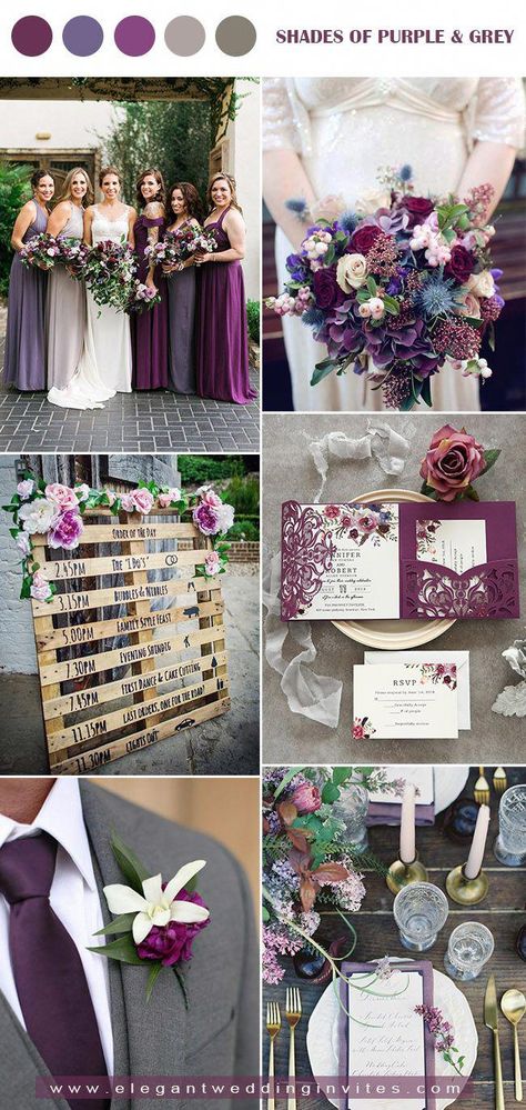 shades of purple and dark grey fall wedding colo palette #WeddingPlanner Purple And Grey Wedding, Purple Hydrangea Wedding, Wedding Color Schemes Purple, Purple Wedding Decorations, Wedding Color Palettes, Fall Purple, Fall Wedding Color Palette, Purple Color Schemes, Purple Wedding Theme