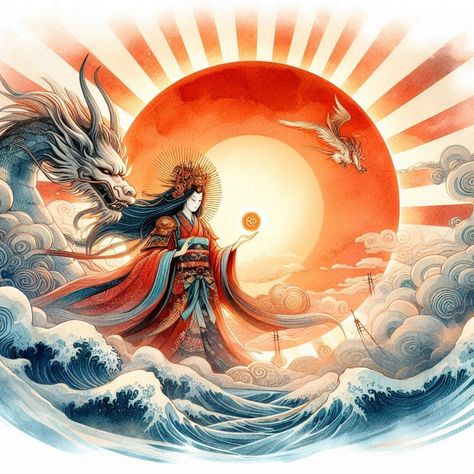 https://flic.kr/p/2q6xDM4 | Amaterasu 天照大神 - Watercolor II | Stunningly presented is a beautiful Japanese Shinto watercolor painting of Amaterasu Omikami, Heavenly Great Goddess of the Sun. Amaterasu Aesthetic, Amaterasu Tattoo, Amaterasu Goddess, Amaterasu Omikami, Goddess Of The Sun, Goddess Quotes, Divine Goddess, Japanese Folklore, Tattoo Style