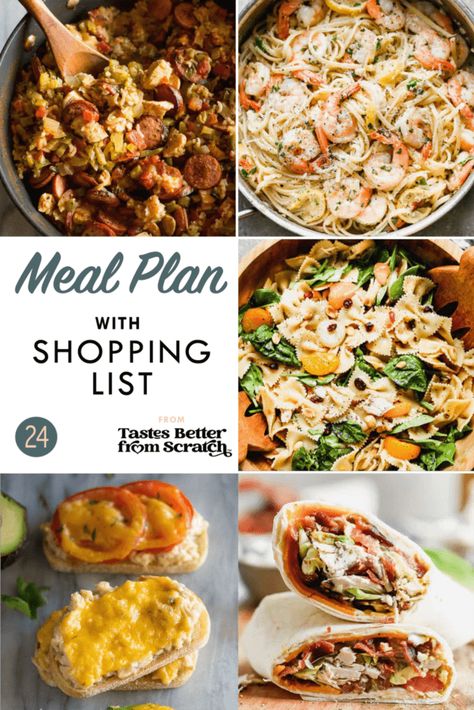 Weekly Meal Plan 24 (with grocery list) - Tastes Better from Scratch Free Weekly Meal Plan, Bowtie Pasta Salad, Meal Planning Printable Weekly, Weekly Meal Plans, Tastes Better From Scratch, Grocery Shopping List, Family Friendly Dinners, Meal Planning Printable, Weekly Meal Plan