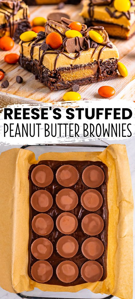 Reese's Peanut Butter Brownies are an out of this world treat for anyone who loves the irresistible combo of peanut butter and chocolate! #BreadBoozeBacon #reesespeanutbuttercup #peanutbutter #brownies #peanutbutterfrosting #reeses #peanutbuttercups #stuffedbrownies #dessert #chocolate #chocolatelover #halloween Reese’s Brownies Recipe, Reese’s Stuffed Brownies, Out Of This World Desserts, Reeses Peanut Butter Dessert Recipes, Desserts With Reeses Pieces, Reeses Peanut Butter Brownie, Reese’s Peanut Butter Recipes, Reese’s Peanut Butter Cup Desserts, Chocolate Reese’s Cookie