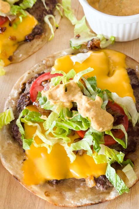 Viral Smashed Burger Tacos  - Eat With Carmen Taco Burgers, Bistek Recipe, Chicken And Rice Recipes, Homemade Big Mac Sauce, Burger Tacos, Shake N Bake Chicken, Homemade Big Mac, Spanish Chorizo, Taco Burger