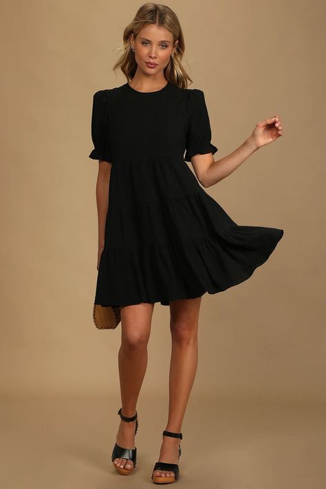 Black Mini Dress - Puff Sleeve Babydoll Dress - Swing Dress - Lulus Black Mini Dresses Party, Black Short Sleeve Sundress, Black Casual Dress Outfit, Classic Black Dress Outfit, Short Black Dress Formal, Black Dress Graduation, Black Dress Business Casual, Accessories Black Dress, Black Summer Dresses