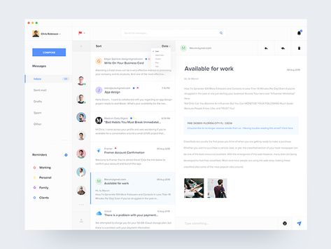 Mail client app by Gis1on - Dribbble Web Application Ui, Web Application Design, Flat Ui, Email Client, Dashboard Ui, Application Design, Dashboard Design, Web Inspiration, Ui Inspiration