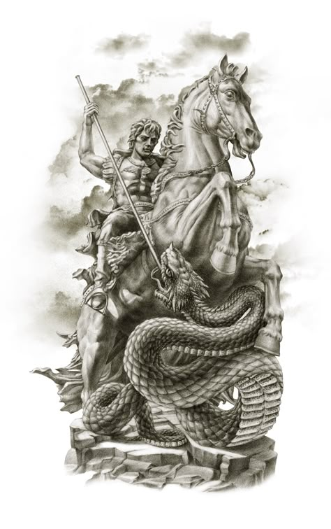 Angel Warrior Tattoo, St Michael Tattoo, Knight On Horse, Horse Tattoo Design, Archangel Tattoo, Heaven Tattoos, Saint George And The Dragon, Knight Tattoo, Lion Head Tattoos