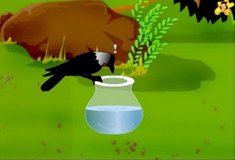 The thirsty crow finds the water, but it's too low in the pot. Moral Story In English, Crow Story, Story With Pictures, Thirsty Crow, Picture Story For Kids, Good Moral Stories, Story In English, English Moral Stories, Lion And The Mouse