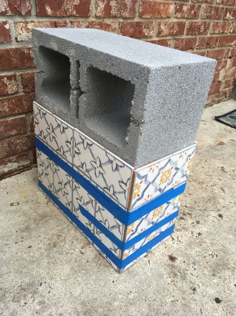 Tiled Cinderblock Bench – Phylomena Diy Cement Bench Outdoor, Tile Bench Diy, Cinder Block Bench Diy Outdoor Seating, Cinderblock Ideas Backyards, Center Block Bench Ideas, Cinder Block Potting Bench, Cement Block Bench, Concrete Block Bench, Tiled Bench