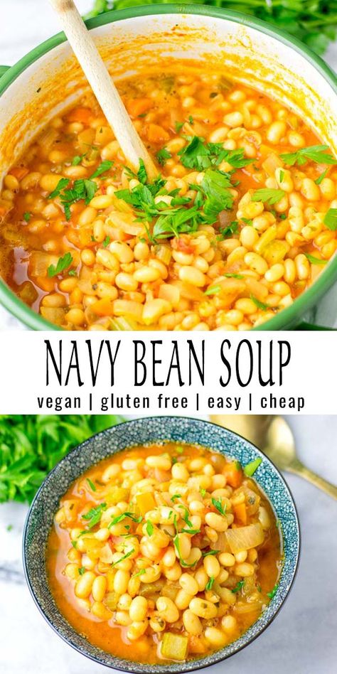 Vegan Navy Bean Soup Recipes, Vegan Navy Bean Soup, Vegan Navy Bean Recipes, Navy Beans Recipe, Bean Soup Vegan, Navy Bean Recipes, Contentedness Cooking, Mealprep Dinner, Navy Bean Soup