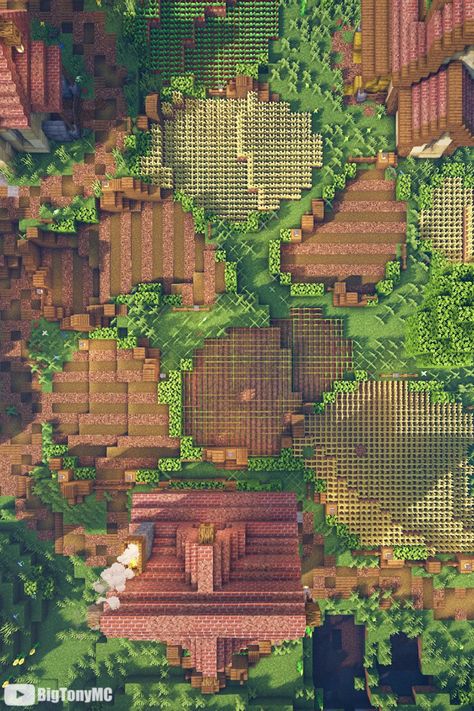 Farmland Minecraft Ideas, Minecraft Village Base, Minecraft Farmland Ideas, Minecraft Farming Village, Villager Farm Minecraft, Custom Minecraft Village, Minecraft Villager Farm, Minecraft Mountain Village, Minecraft Farm Builds