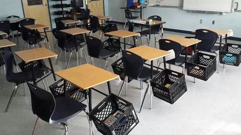 Milk crate storage using cable ties Seating Arrangements Classroom, Classroom Storage Ideas, Alternative Seating Classroom, Classroom Seating Arrangements, Crate Desk, Desk Arrangements, Student Storage, Classroom Desk, Classroom Seating