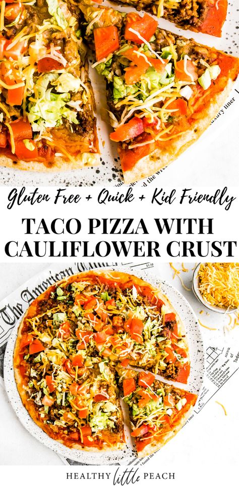 A gluten free Taco Pizza made with cauliflower crust and topped with pizza sauce. taco ground beef, shredded cheese. shredded lettuce, diced tomatoes and taco sauce. This is the perfect family meal that will please everyone at the table. #glutenfree #glutenfreepizza #pizzarecipes #tacopizza #cauliflowercrustpizza #pizza #healthypizza Taco Ground Beef, Pizza With Cauliflower Crust, Gluten Free Taco, Taco Pizza Recipes, Gluten Free Tacos, Healthy Low Carb Snacks, Taco Pizza, Boiled Egg Diet Plan, Cauliflower Crust