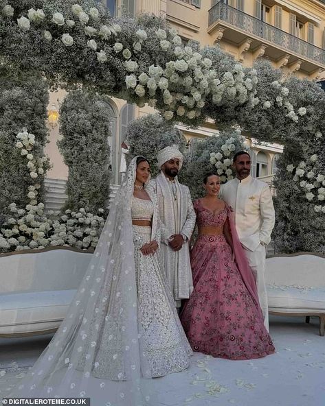 Inside the 4-day extravaganza marking the wedding of the year! PrettyLittleThing billionaire Umar Kamani and his new wife Nada held a white party, Western nuptials and a traditional Indian ceremony (and they're STILL not finished yet!) | Daily Mail Online Umar Kamani Wedding, Half Indian Wedding, Small Indian Wedding, Western Indian Wedding, Indian Wedding Outfit Bride, White Wedding Lehenga, White Indian Wedding Dress, White Indian Dress, Nada Adelle