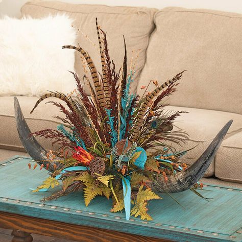 Ardella Double Horn Centerpiece Cow Horns Decor, Western Centerpieces, Rustic Flower Arrangements, Wall Arrangements, Cow Skull Decor, Horns Decor, Cow Skulls, Cowboy Decor, Western Glam