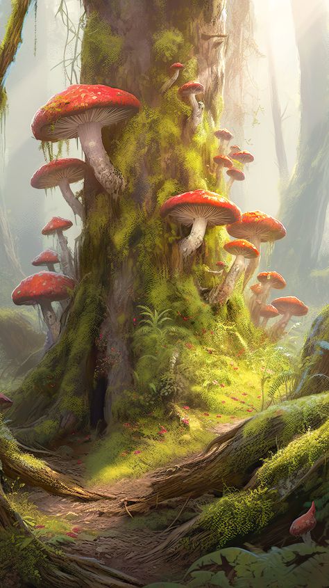 Mushroom Tree, Fantasy Mushroom, Mushrooms Growing, Mossy Tree, Mushroom Paint, Mushroom Wallpaper, Mushroom Pictures, Mushroom Drawing, Fantasy Forest