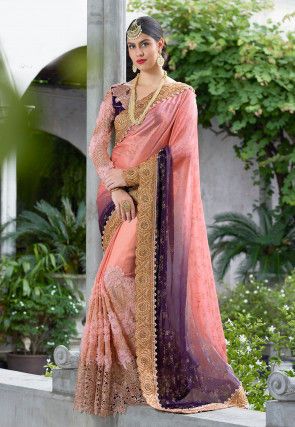 Half N Half Crepe Saree in Shaded Peach and Navy Blue Shaded Saree, Wedding Sarees Online, Saree Party Wear, Peach Saree, Wedding Saree Collection, Indian Designer Sarees, Crepe Saree, Indian Silk Sarees, Saree Designs Party Wear