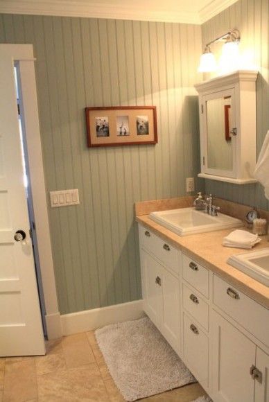 Loving this idea for the basement bath...maybe floor to ceiling behind toilet and sink...and up to chair rail height elsewhere...hmmm...: Makeover Kamar Mandi, Beadboard Bathroom, Bead Board Walls, Cheap Bathroom Remodel, Remodel Basement, Cheap Bathrooms, Bead Board, Room Deco, Basement Bathroom