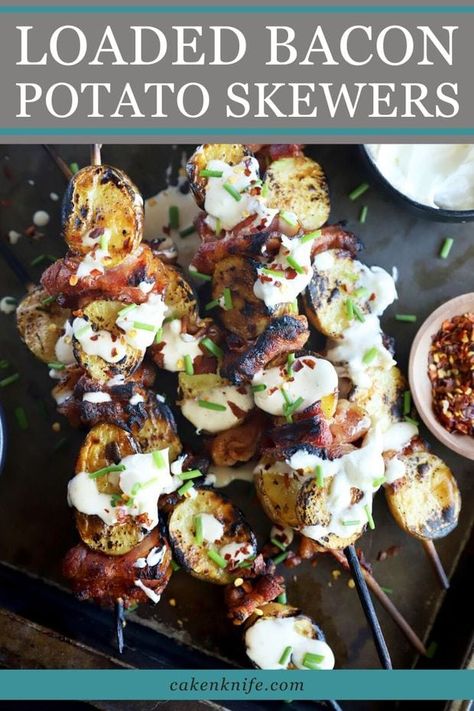 Loaded Bacon Potato Skewers are the ultimate grilled side dish this summer. Everyone loves a good baked potato, and this is a whole new take on it! Golden potatoes are grilled with Wright® Brand Hickory Bacon, then drizzled with a savory roasted garlic aioli, sour cream, and chives. It’s a perfect pairing for dad’s favorite steak! | cakenknife.com #sponsored #fathersday #grilling #bakedpotato #skewers Potato Kabobs, Potato Skewers, Summer Dinner Recipes Grill, Grilled Side, Golden Potatoes, Roasted Garlic Aioli, Bbq Dishes, Bacon Potato, Grilling Sides