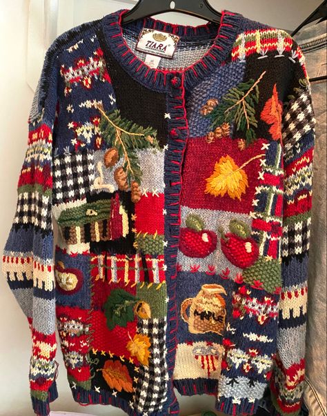 Old Vintage Sweaters, Vintage Holiday Sweater, Vintage Novelty Sweater, Crochet Ugly Sweater, Grandma Sweater Aesthetic, Striped Sweater Aesthetic, Grandma Clothes Aesthetic, Grandma Sweater Outfit, Grandpa Sweater Aesthetic