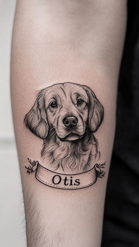 22 Golden Retriever Tattoo Ideas - Smart Dog Learning Animal Memory Tattoos, Mens Dog Tattoo, Tattoo Ideas Female Meaningful Dog, Two Dog Portrait Tattoo, Dog Portrait Tattoos, Dog Tattoo Ideas Memorial Paw Prints, Small Dog Memorial Tattoo, Aesthetic Paw Print, Tattoo For Your Dog