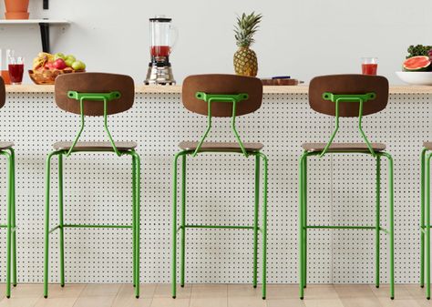 Reece Barstool in Yellow Green and Acorn. #modern #restaurantfurniture Bar Stools Colorful, Funky Barstools, Maximalist Bar Stool, Dark Green Bar Stools, Yellow Restaurant, Green Barstool, Colorful Bar Stools, Orange Barstools, Green Bar Stools