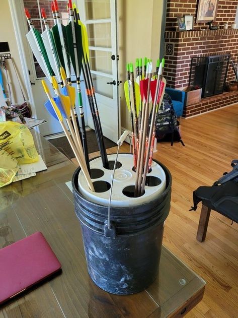 Archery Stand Diy, Arrow Storage Archery, Archery Work Bench, Archery Fundraising Ideas, Archery Targets Diy, At Home Archery Range, Arrow Holder Archery Diy, Homemade Archery Target, Diy Archery Range