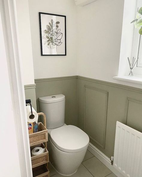 Dulux Overtly Olive Bathroom, Sage Downstairs Toilet Ideas, Panelling In Downstairs Toilet, Country Style Downstairs Toilet, Olive Green Downstairs Toilet, Small Bathroom Panelling Ideas, Panelling Toilet Room, Small Downstairs Loo Ideas, Scandi Downstairs Toilet