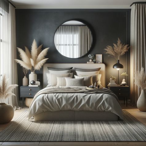 "Modern, rustic bedroom with large bed, upholstered headboard, white and beige pillows, textured throw blanket, round mirror, nightstand with vases, black lamp, sheer curtains, plants, and woven rug." Wall Nightstand, Black And Cream Bedroom, Modern Rustic Bedroom, Creative Bedroom Ideas, Sheer Curtains Bedroom, Rustic Chic Bedroom, Tan Bedroom, Bedroom Ideas Cozy, Black And Grey Bedroom