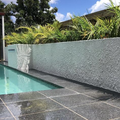 Custom tyrolean render finish created to add a feature to the pool area #pool #poollandscapingideas #poolideas #rendering #solidplastering #queensland #renovation #outdoor Tyrolean Wall Finish, Tyrolean Exterior Wall Finish, Pool Wall, Pool Stuff, Exterior Rendering, Wall Finishes, Pool Landscaping, Pool Area, Facades