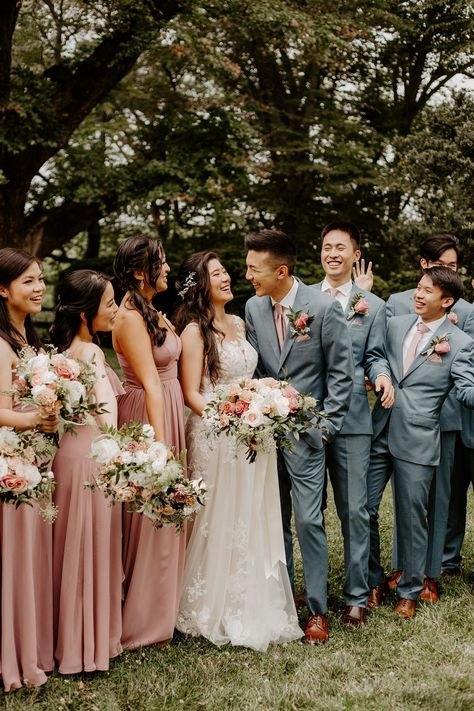 Dusty Rose Wedding Colors Grooms, Dessert Rose Bridesmaid Dresses With Groomsmen, Dusty Pink Bridesmaid Dresses And Groomsmen, Pink And Green Wedding Groomsmen, Groomsmen Attire With Bridesmaids, Pink Groomsmen Attire Color Schemes, Pink Bridesmaid Blue Groomsmen, Sage Green And Pink Groomsmen, Groomsmen Attire Mauve