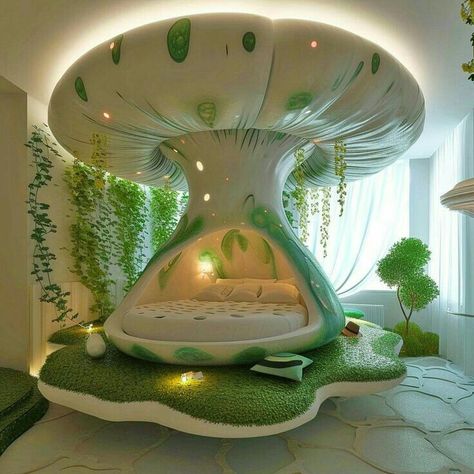 Mushroom Beds, Mushroom Bed, Mushroom Bedroom, Giant Mushroom, Unique Interiors, Dream Bedroom Inspiration, Chevy Traverse, Bedding Inspiration, Dreamy Artwork