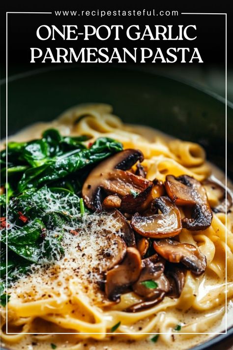 This creamy, cheesy one-pot pasta is packed with garlic, Parmesan, tender mushrooms, and fresh spinach. It’s the perfect quick and comforting meal! Perfect for weeknights when you're craving something delicious yet simple to prepare. Pasta Spinach Mushrooms, Pasta With Mushrooms Recipes, Chicken Pasta With Mushrooms, Pasta With Mushrooms And Spinach, Spinach And Mushroom Pasta, Mushroom Spinach Pasta, Spinach Mushroom Pasta, Keto Mushrooms, Easy Comfort Food Dinners