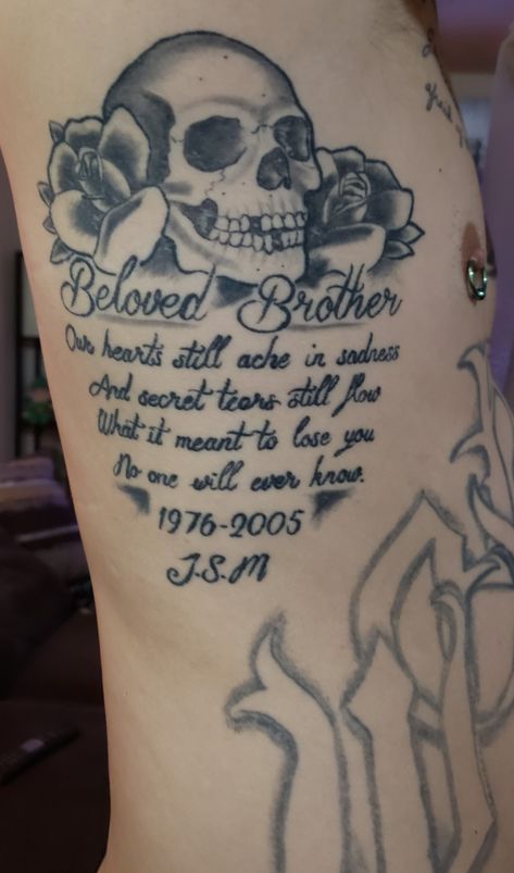 Memorial tattoo for my brother but without the skull, maybe the marine symbol instead Tattoo Ideas Rip Brother, In Memory Of My Brother Tattoo, In Memory Brother Tattoo, Tattoos For My Brother In Heaven, Losing A Brother Tattoo, Memorial Tattoo Ideas For Brother, Memorial Tattoo Quotes Brother, Tribute Tattoos In Memory Of Brother, Unique Memorial Tattoos For Brother