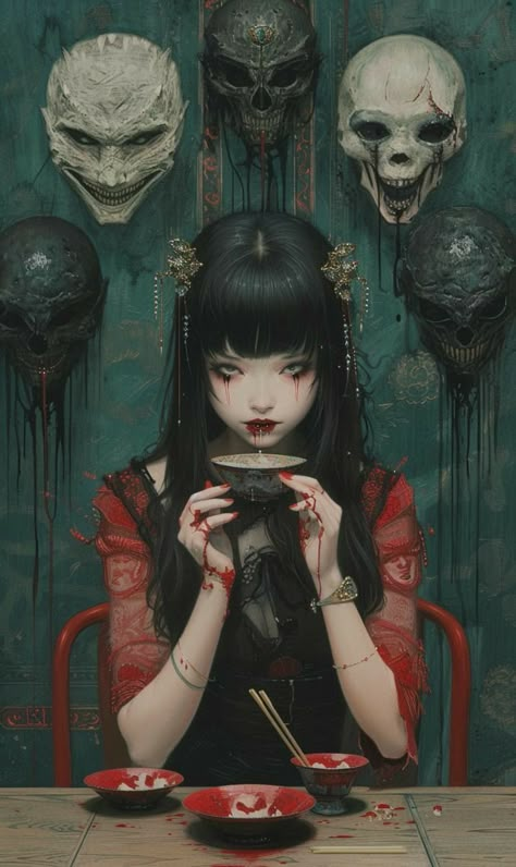 Asian Witch Art, Farmhouse Restroom, Scifi City, Japanese Horror, Gothic Wall Art, 2023 Halloween, Gothic Fantasy Art, Futuristic Art, Dark Art Illustrations